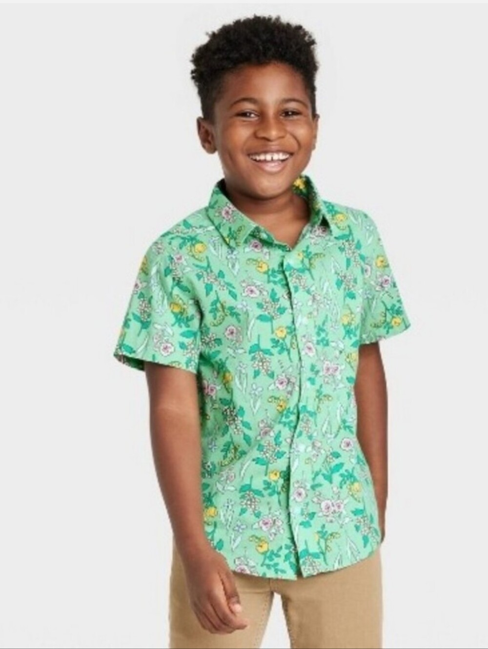 Kids' Short-Sleeve Button-Up Shirt - Green Floral